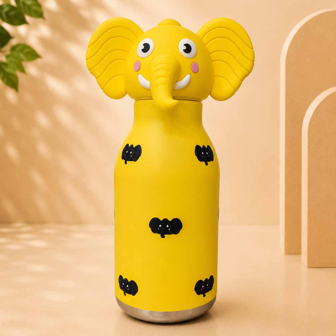 AFRESH 365 Animal Head Collection Elephant Stainless Steel Vacuum Insulated Water Bottle 450ml (16oz) with Straw & Cleaning Brush With 4 Colour Variants