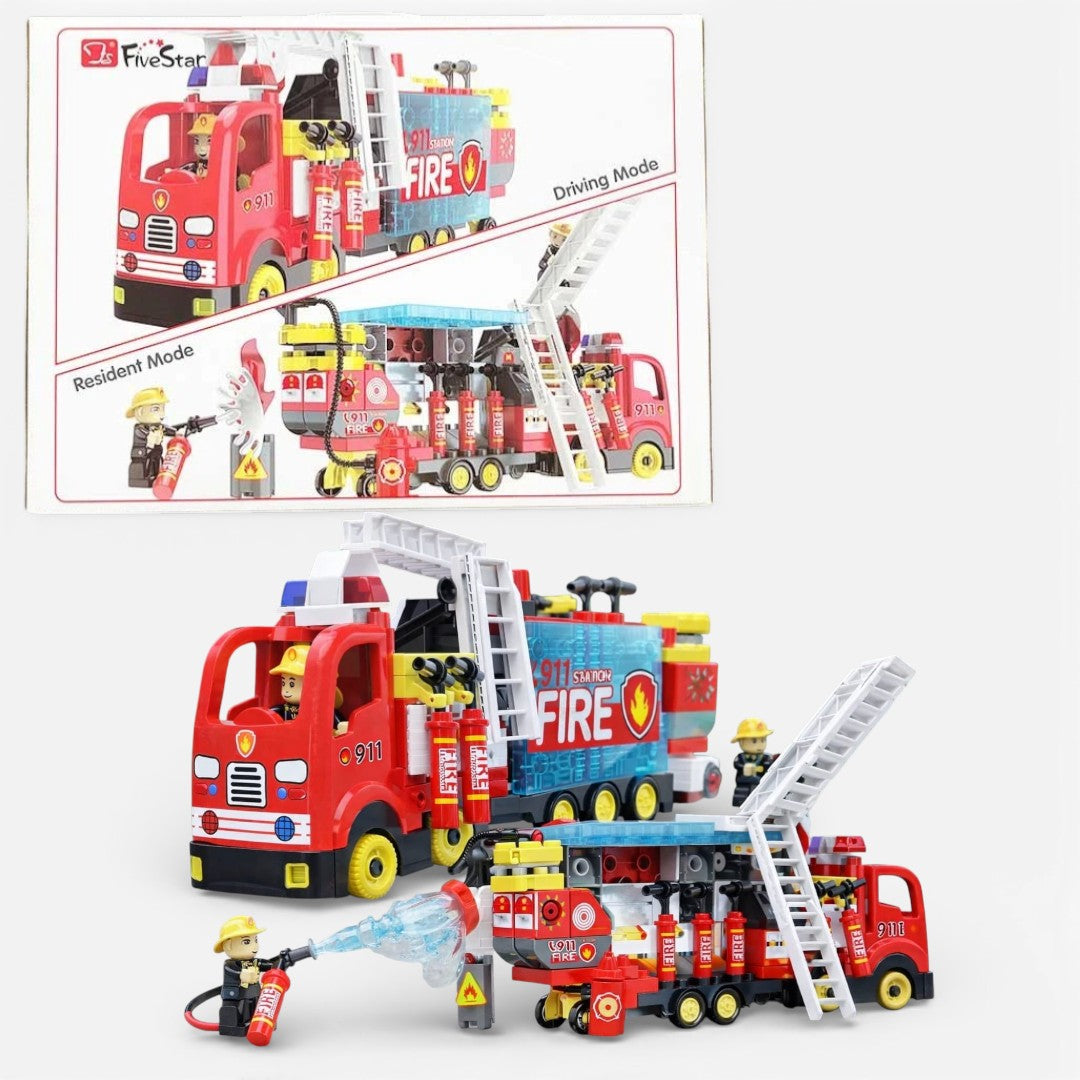 FiveStar 911 Fire Rescue Truck Building Block Set with Ladder & Figures | Transformable Fire Station Toy for Kids