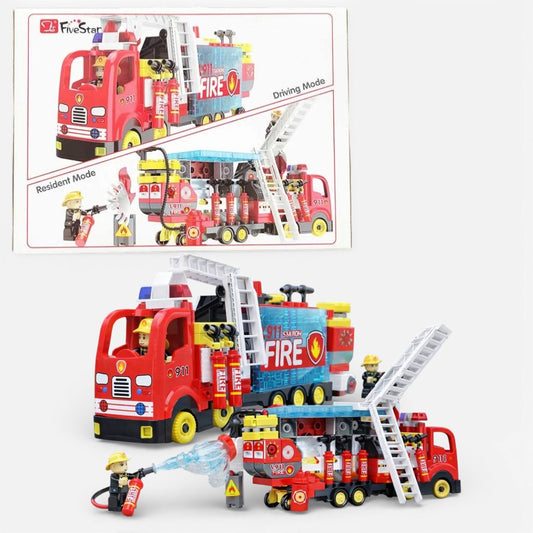 FiveStar 911 Fire Rescue Truck Building Block Set with Ladder & Figures | Transformable Fire Station Toy for Kids