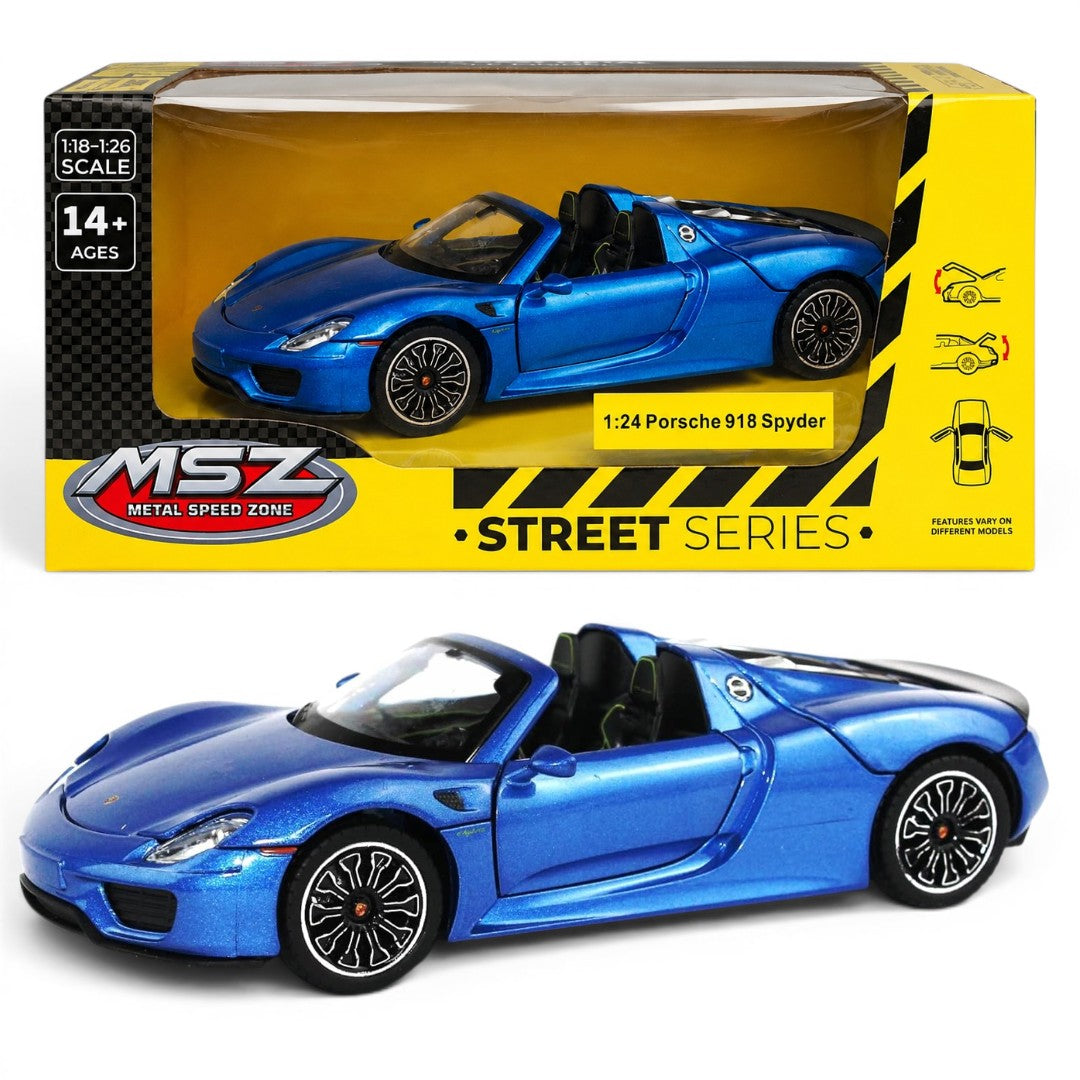 MSZ 1:24 Porsche 918 Spyder Blue Die-Cast Model Car with Openable Parts