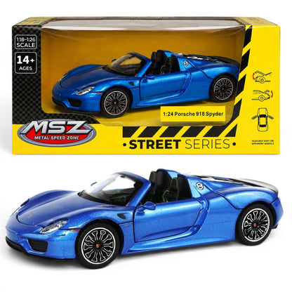MSZ 1:24 Porsche 918 Spyder Blue Die-Cast Model Car with Openable Parts