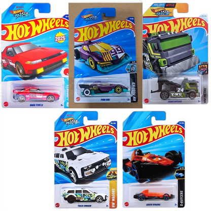 Hot Wheels 1:64 Scale 5-Car Set – Hako Type D, Arrow Dynamic HYX98, Track Dwagon HW Wagons, Netflix Let's Race Heavy Hitcher HW Metro & Rod Punk HW Modified