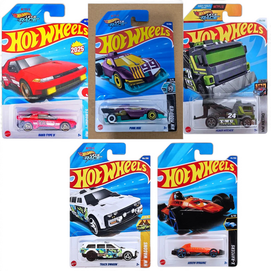 Hot Wheels 1:64 Scale 5-Car Set – Hako Type D, Arrow Dynamic HYX98, Track Dwagon HW Wagons, Netflix Let's Race Heavy Hitcher HW Metro & Rod Punk HW Modified