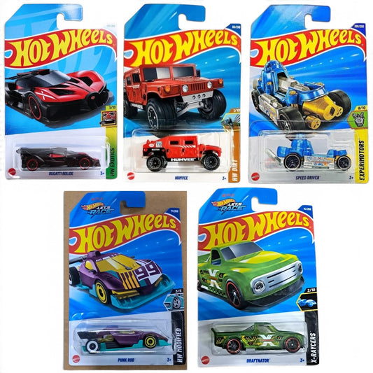 Hot Wheels 1:64 Scale 5-Car Set – Bugatti Bolide HW Exotics, Humvee, Unlistednator HW X-Racers HYW70, Speed Rover & Rod Punk