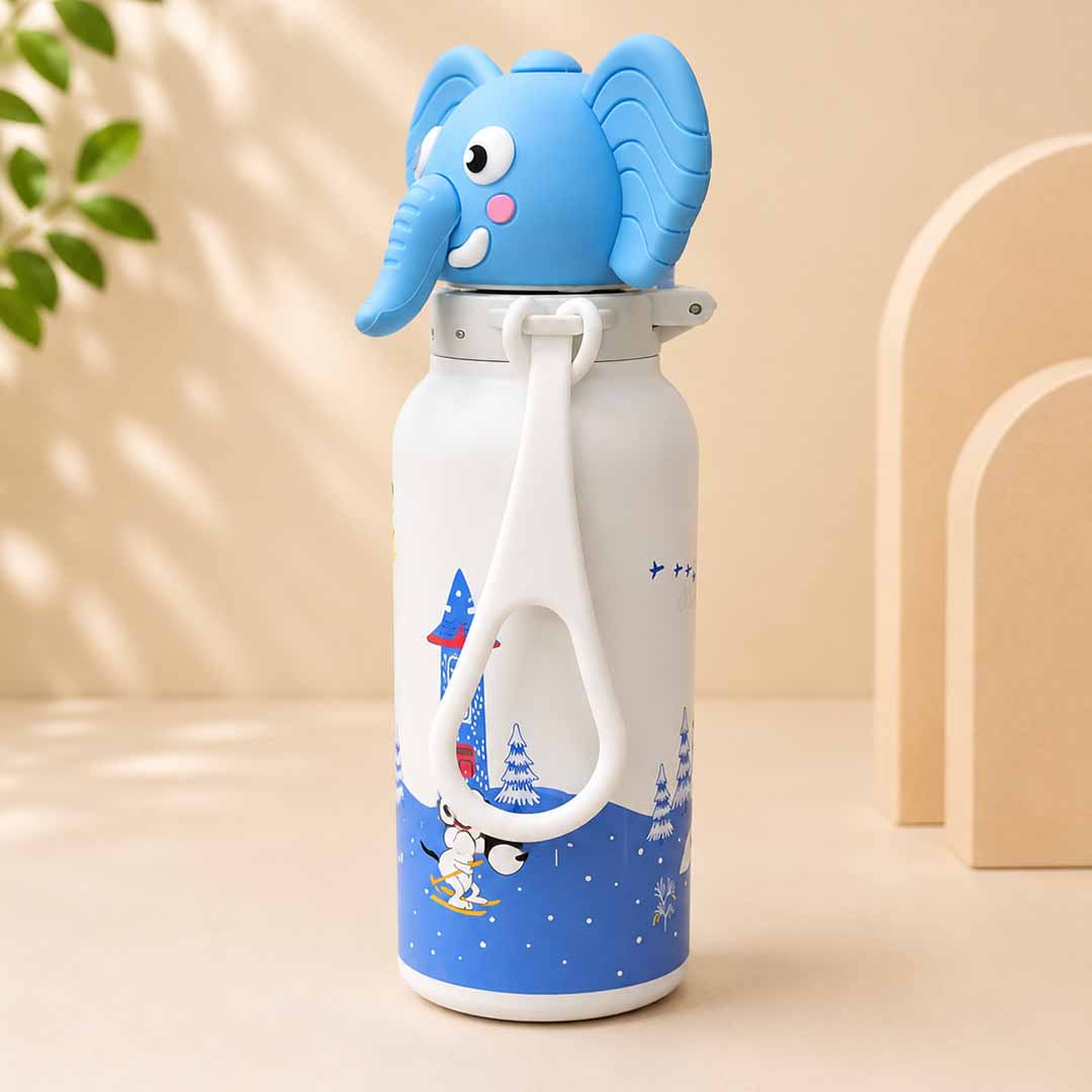 AFRESH 365 Elephant Collection Stainless Steel Vacuum Insulated Water Bottle 560ml (19oz) | Kids Leakproof Straw Bottle with Flip-Top Lid & Carry Strap