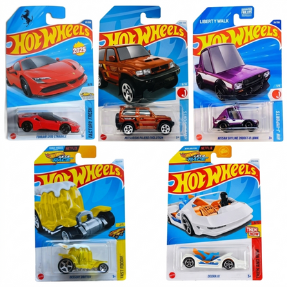 Hot Wheels 1:64 Scale 5-Car Die-Cast Set | Ferrari SF90 Stradale, Nissan Skyline 2000GT-R LBWK, Mitsubishi Pajero Evolution, Deora III & Dessert Drifter