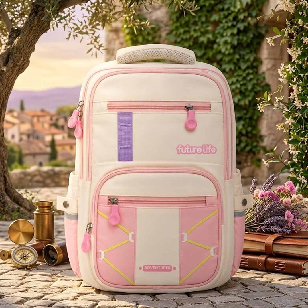 Futurelife Adventurer School Backpack for Kids 40cm | Lightweight Ergonomic School Bag with Multiple Compartments, Chest Strap & Water Bottle Pockets – Pink & Cream