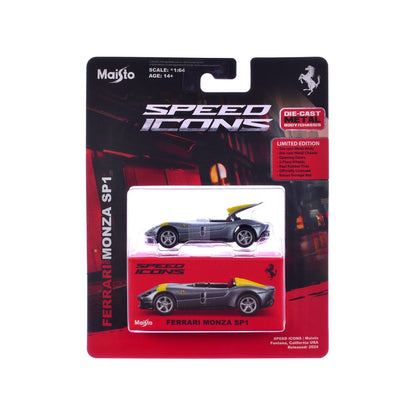 Maisto 1:64 Ferrari Monza SP1 – Silver Metallic with Yellow Stripes | Speed Icons Diecast Model - Jaiman Toys
