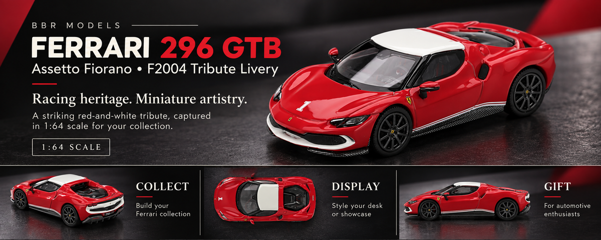 BBR Models Ferrari 296 GTB Assetto Fiorano F2004 Tribute Livery 1:64 Scale Premium Die-Cast Collectible Model Car – Red & White Racing Edition - details 1
