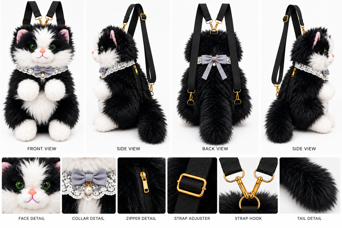 Meowing Plush Grey & White Cat Handbag & Crossbody Bag | Fluffy Kitty Purse with Adjustable Strap & Lace Collar for Girls & Women
