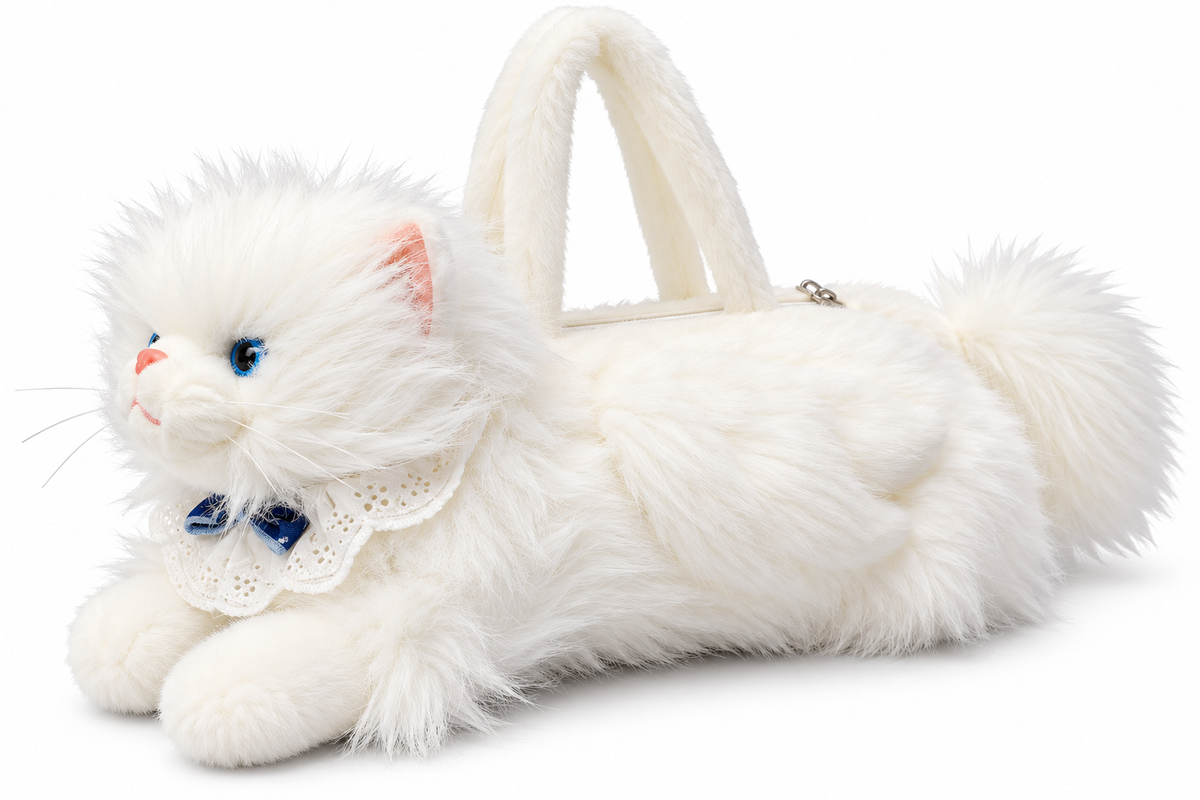 Meowing Plush Persian Cat Handbag & Crossbody Bag | Fluffy White Kitty Purse with Adjustable Strap & Lace Collar for Girls & Women