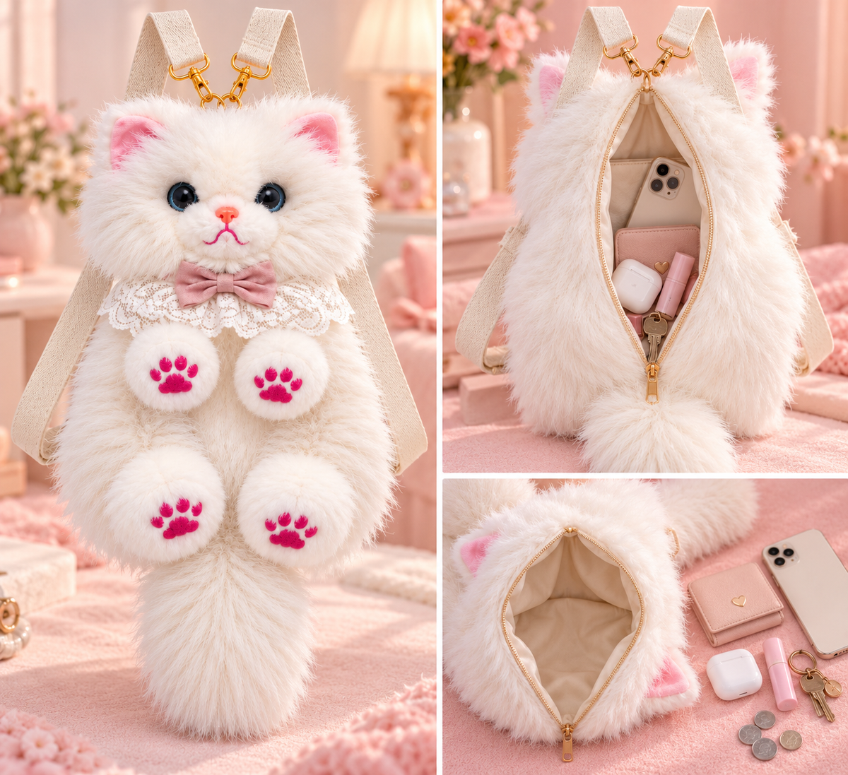 Fluffy White Persian Cat Backpack & Convertible Bag | Cute Plush Kitty Daypack with Pink Paw Pads, Lace Collar, Pink Bowtie & Adjustable Straps for Girls & Women