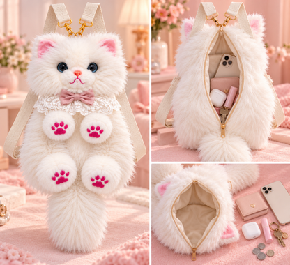 Fluffy White Persian Cat Backpack & Convertible Bag | Cute Plush Kitty Daypack with Pink Paw Pads, Lace Collar, Pink Bowtie & Adjustable Straps for Girls & Women