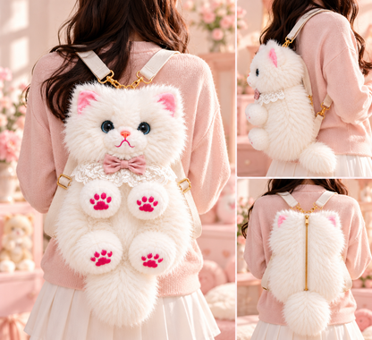 Fluffy White Persian Cat Backpack & Convertible Bag | Cute Plush Kitty Daypack with Pink Paw Pads, Lace Collar, Pink Bowtie & Adjustable Straps for Girls & Women