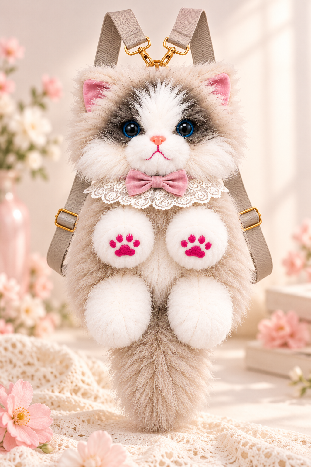 Fluffy Seal Point Cat Backpack & Crossbody Bag | Cute Plush Ragdoll Kitty Daypack with Pink Paw Pads, Lace Collar, Pink Bowtie & Adjustable Straps for Girls & Women