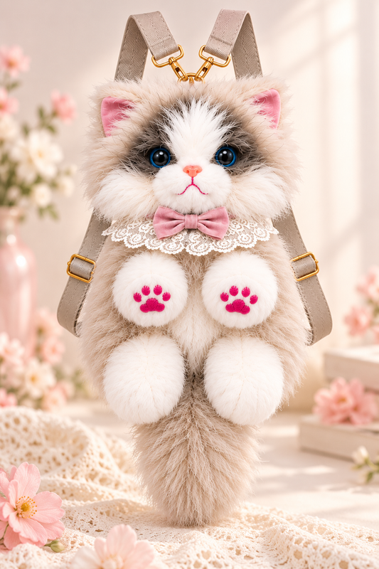 Fluffy Seal Point Cat Backpack & Crossbody Bag | Cute Plush Ragdoll Kitty Daypack with Pink Paw Pads, Lace Collar, Pink Bowtie & Adjustable Straps for Girls & Women