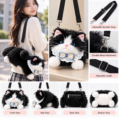 Cute Plush Tuxedo Cat Handbag | Kawaii Fluffy Kitty Bag with Lace Collar & Bowtie for Women & Girls