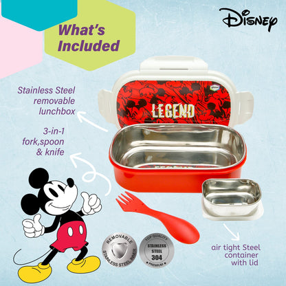 Disney Mickey Mouse Kids Stainless Steel Lunch Box with Snack Container | 800ml School Bento Tiffin Box with Fork | Portable Food Storage Container