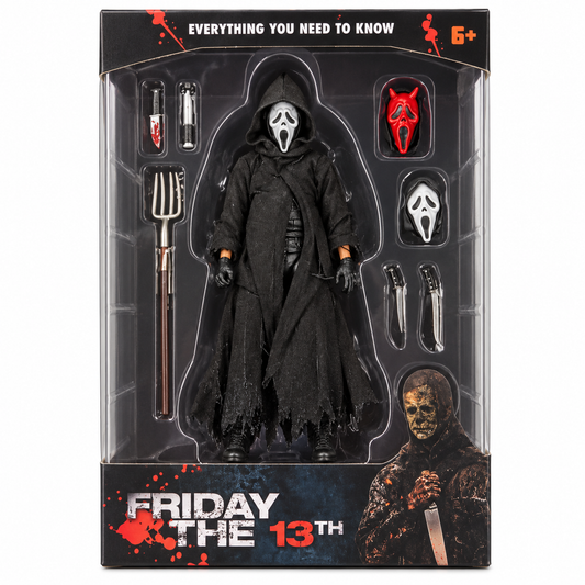 Ghost Face Friday the 13th Horror Action Figure Set with Pitchfork, Knives & Interchangeable Masks | Halloween Collectible Figure for Kids & Horror Fans Ages 6+