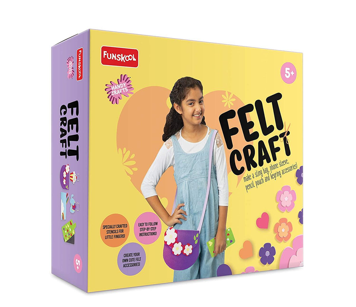 Funskool Handy Crafts Felt Craft DIY Kit for Kids 5+ Years | Make Sling Bag, Phone Sleeve, Pencil Pouch & Keyring Accessories | Creative Art & Craft Activity Kit