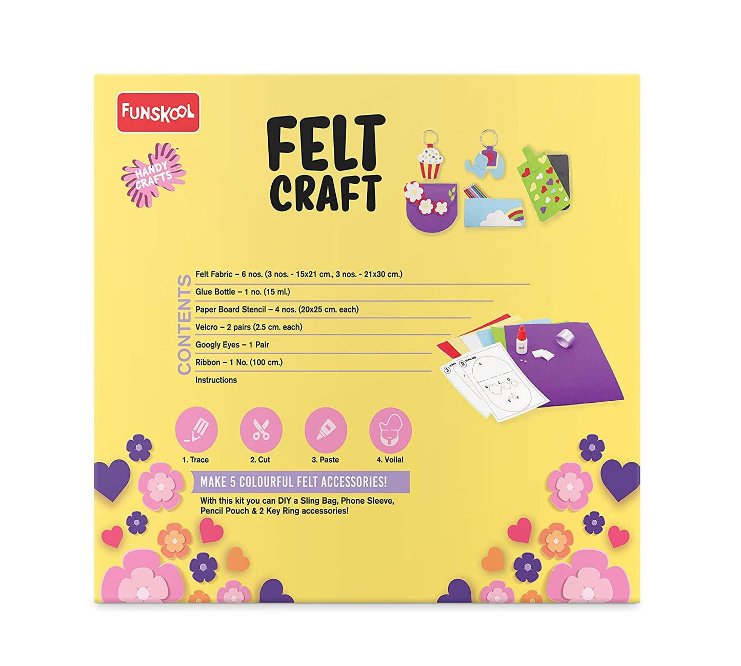 Funskool Handy Crafts Felt Craft DIY Kit for Kids 5+ Years | Make Sling Bag, Phone Sleeve, Pencil Pouch & Keyring Accessories | Creative Art & Craft Activity Kit
