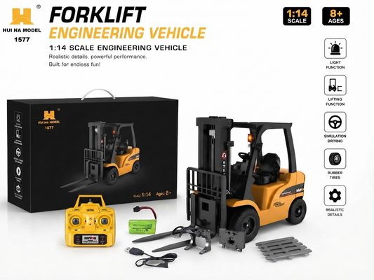 HUINA 1577 2026 1:14 RC Forklift | 14CH 2.4GHz Alloy Forklift with Lifting Forks, Grabber, Lights & Sound