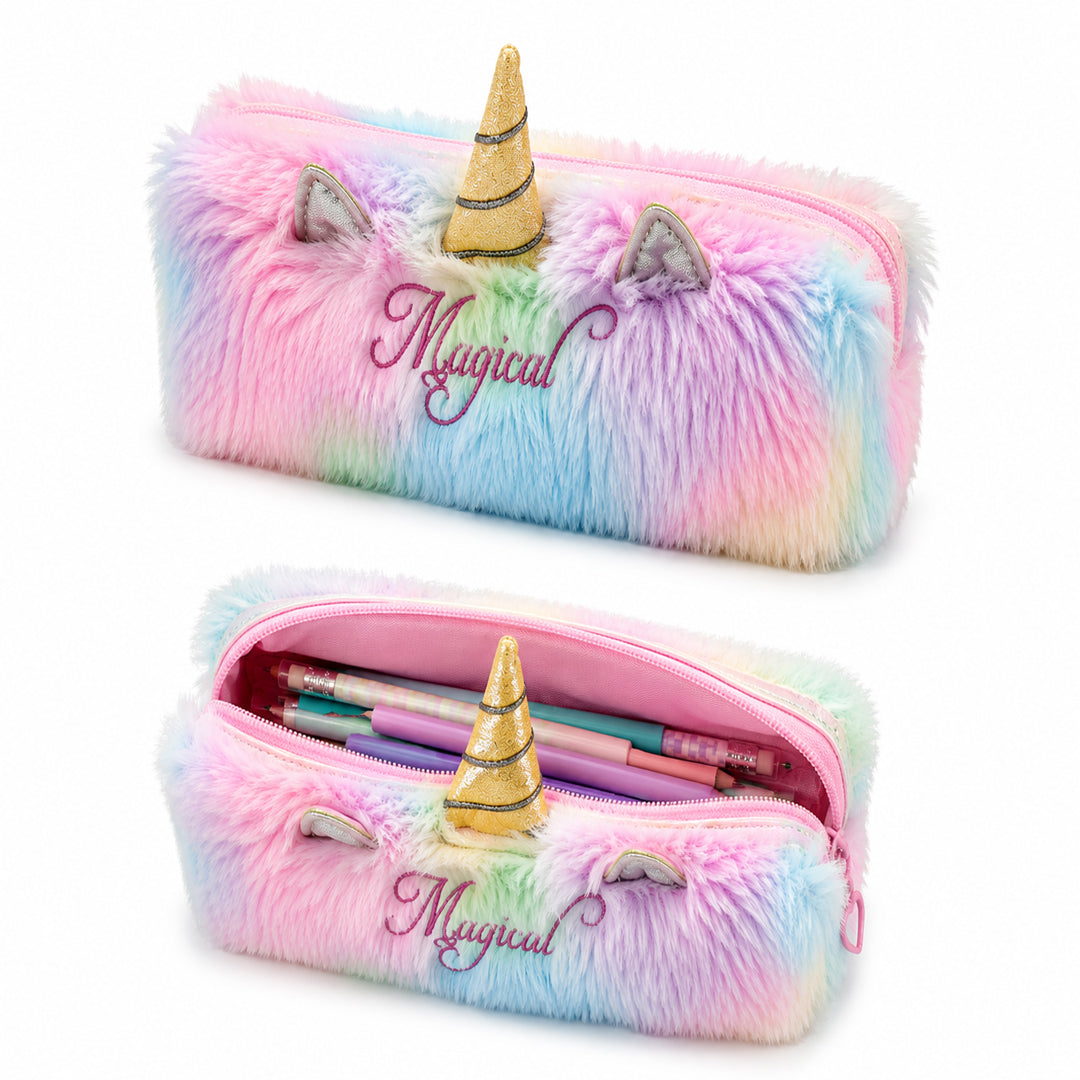 Magical Unicorn Fur Pencil Case for Girls – Soft Plush Furry Stationery Pouch with Zipper, Pastel Rainbow Design