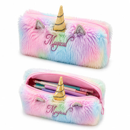 Magical Unicorn Fur Pencil Case for Girls – Soft Plush Furry Stationery Pouch with Zipper, Pastel Rainbow Design