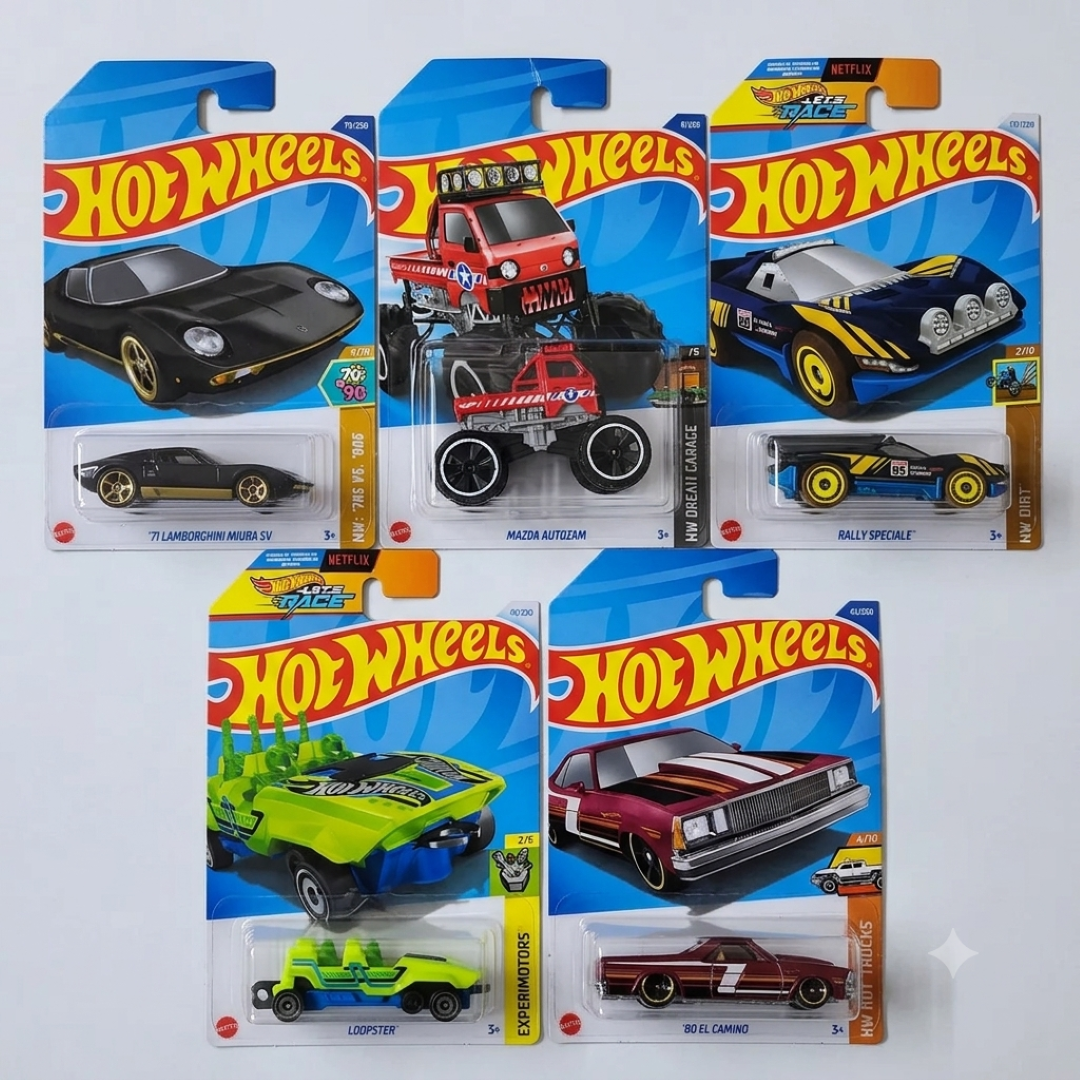 Hot Wheels 5-Car Die-Cast Set – '71 Lamborghini Miura SV + '80 El Camino + Loobster + Rally Speciale + Mazda Autozam HYW66 | 1:64 Scale Collectible Cars