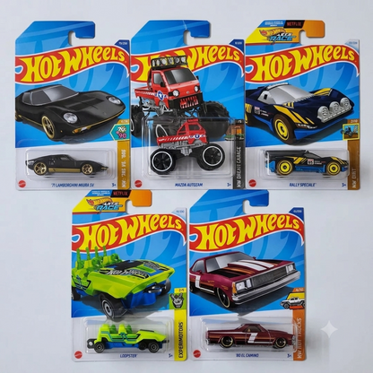 Hot Wheels 5-Car Die-Cast Set – '71 Lamborghini Miura SV + '80 El Camino + Loobster + Rally Speciale + Mazda Autozam HYW66 | 1:64 Scale Collectible Cars