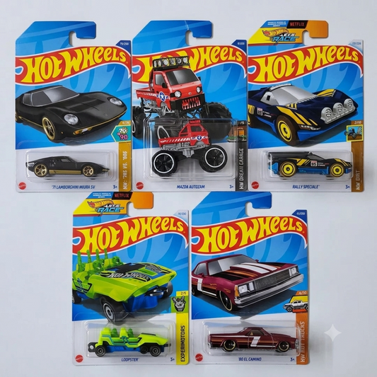 Hot Wheels 5-Car Die-Cast Set – '71 Lamborghini Miura SV + '80 El Camino + Loobster + Rally Speciale + Mazda Autozam HYW66 | 1:64 Scale Collectible Cars