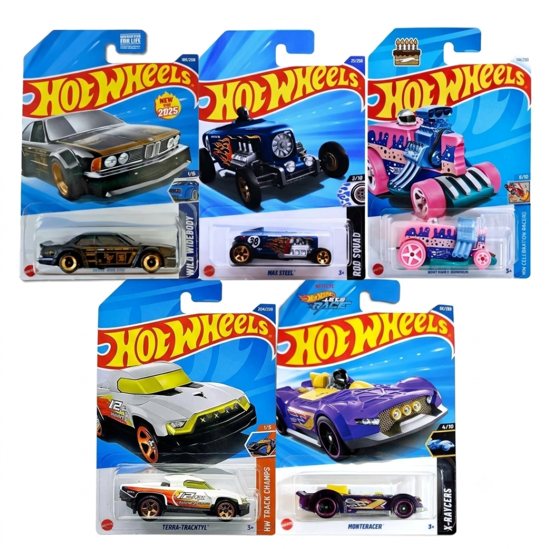 Hot Wheels 5-Car Die-Cast Set – BMW 635 CSi + Monteracer Purple X-Raycers 4/10 + Terra-Tracktyl JBB23 + Birthday Burner Pink + Max Steel Rod Squad | 1:64 Scale