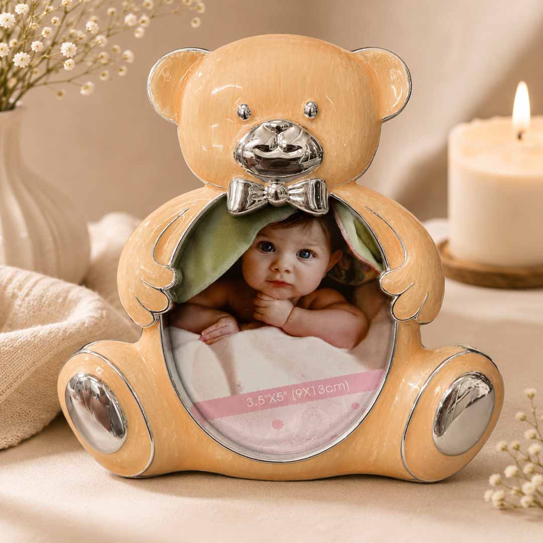 Momentz Teddy Bear Baby Photo Frame 3.5 x 5 Inch | Cute Orange Bear Decorative Picture Frame for Kids & Nursery Décor