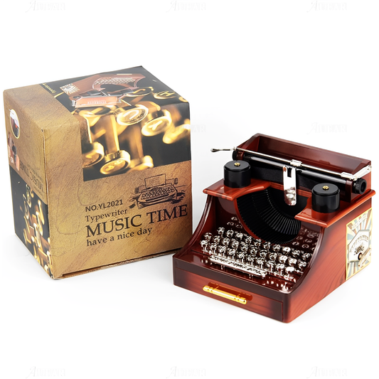 Vintage Typewriter Music Box, Mini Vintage Style Creative Retro Typewriter Clockwork Music Box, Wood Grain Color Jewelry Storage Box for Home Office Table Desk Decoration and Gift