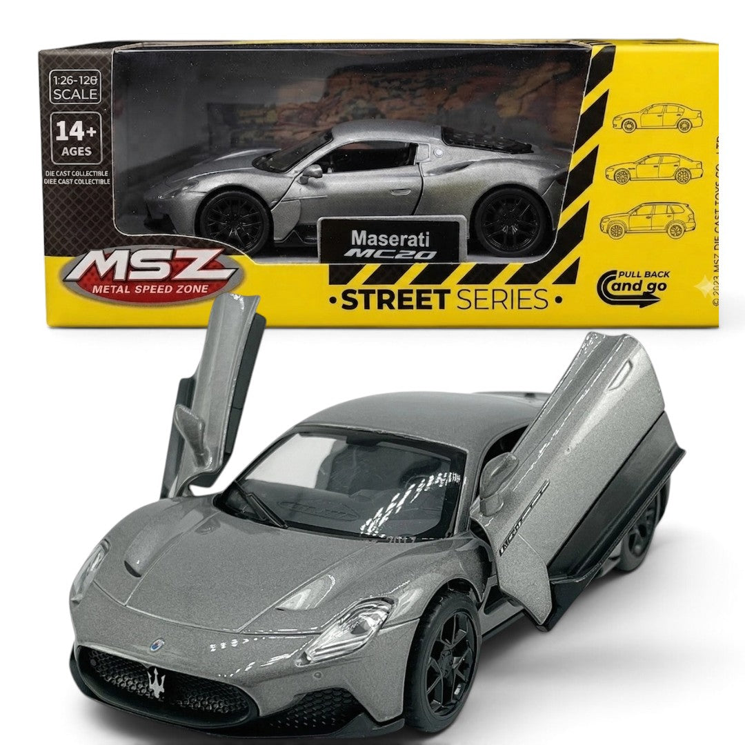 MSZ 1:32 Maserati MC20 Grey Die-Cast Model Car with Pull-Back Action & Butterfly Doors