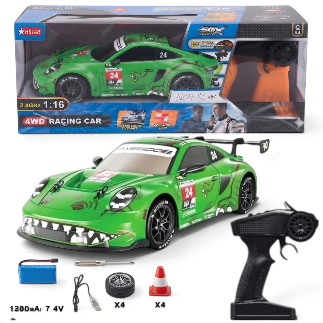 Hstar 91602P-4 1:16 Scale 4WD High-Speed RC Racing Car | 2.4GHz Remote Control Drift Car with Spray Effect, LED Lights, Rechargeable Battery & Spare Tyres | 2 Colour Variants