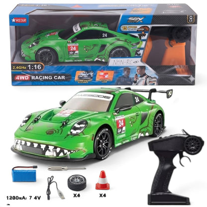 Hstar 91602P-4 1:16 Scale 4WD High-Speed RC Racing Car | 2.4GHz Remote Control Drift Car with Spray Effect, LED Lights, Rechargeable Battery & Spare Tyres | 2 Colour Variants