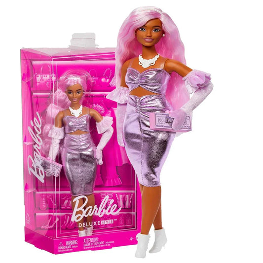 Barbie Deluxe Style Doll #1 in Barbiecore Outfit, Pink Hair and Glossy Pink Dress with Accessories Like Velvet Gloves, Money Purse, and More - Jaiman Toys