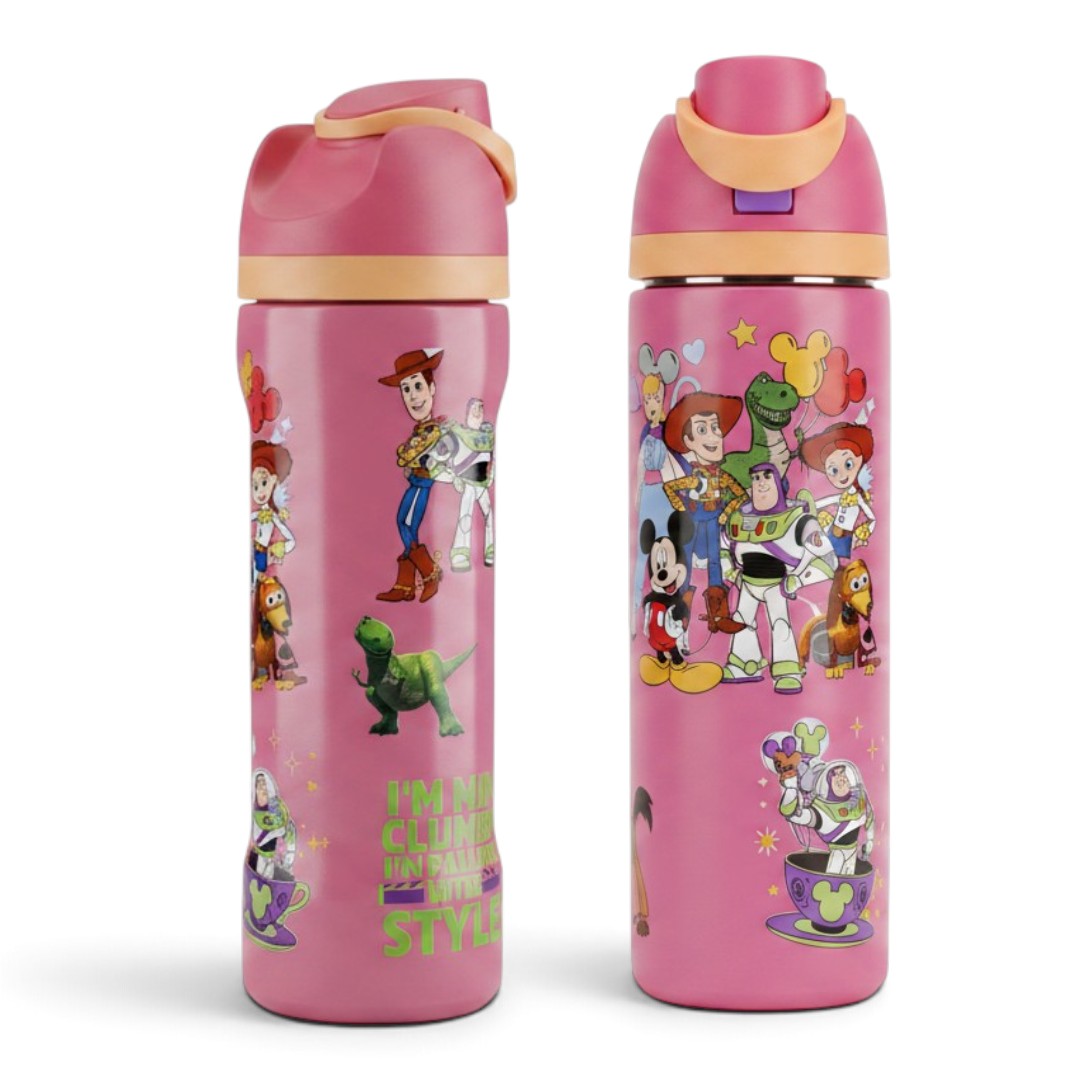 Disney Toy Story & Mickey Mouse 800ml Kids Water Bottle | Pink Reusable Bottle with Straw & Drinking Spout | Leak-Resistant School & Travel Bottle for Kids