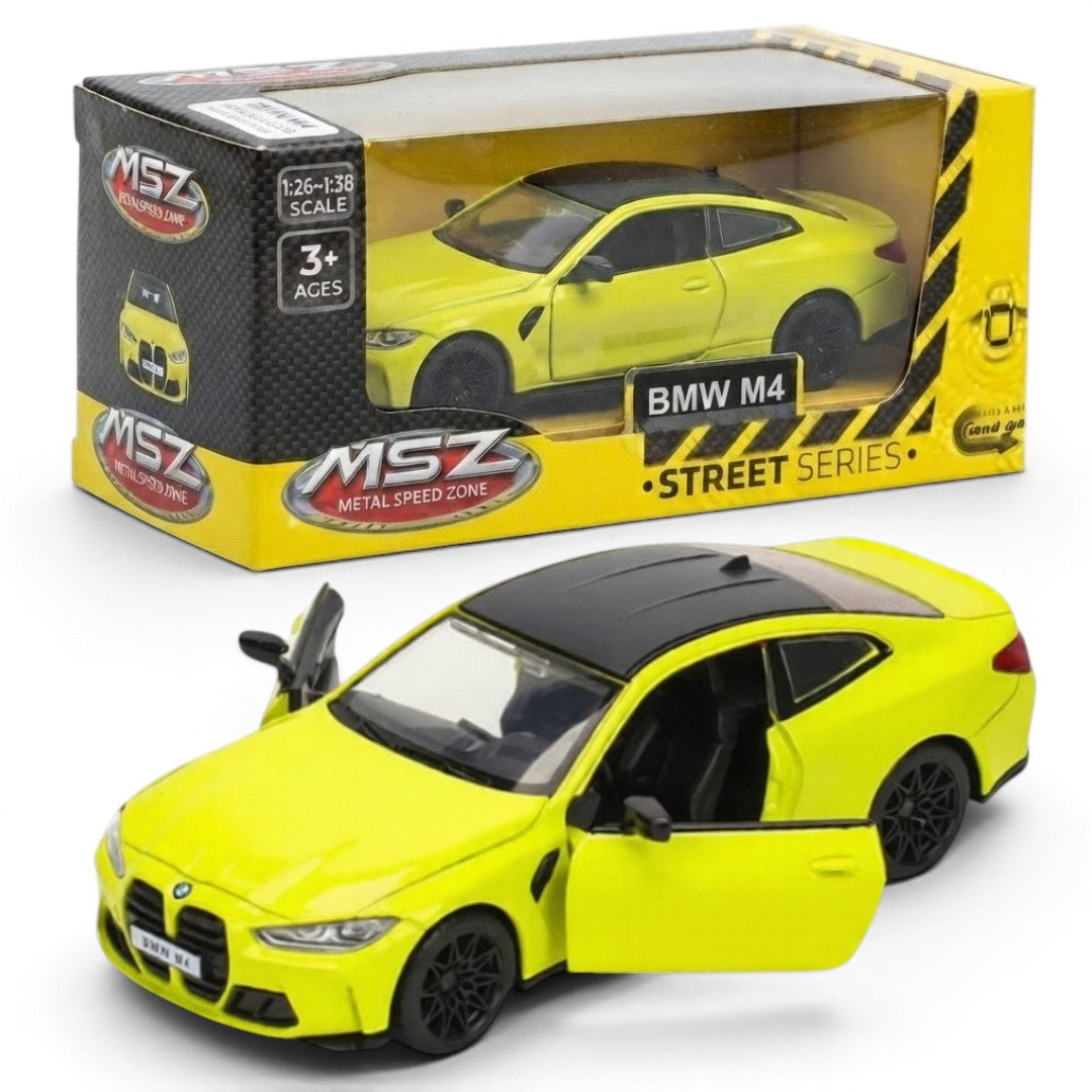 MSZ 1:38 BMW M4 Lime Yellow Die-Cast Model Car with Openable Doors & Pull-Back Action | Street Series