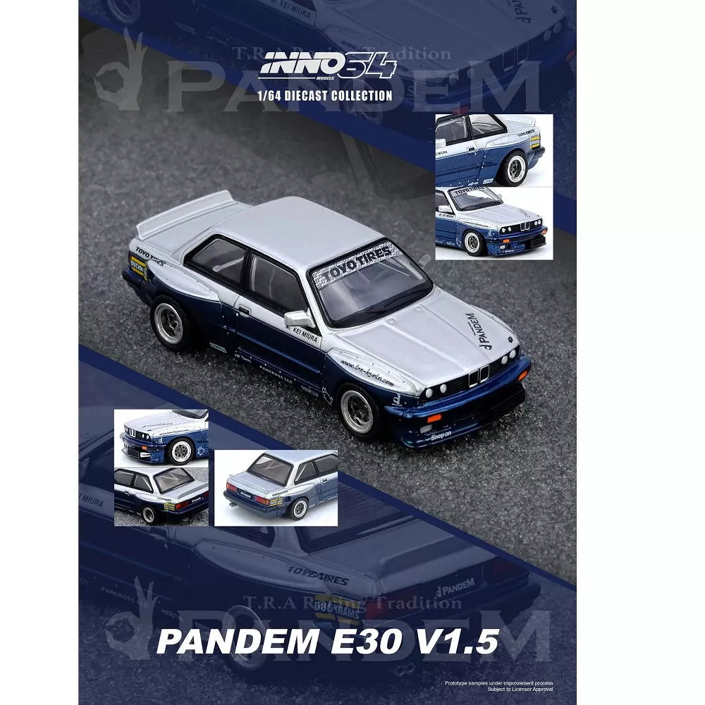 INNO64 BMW E30 M3 Pandem Rocket Bunny 1:64 Scale Die-Cast Model Car | Premium Resin-Quality Collectible Display Vehicle with Detailed Interior, Widebody Aero Kit, Realistic Wheels & Acrylic Display Case | Silver & Blue