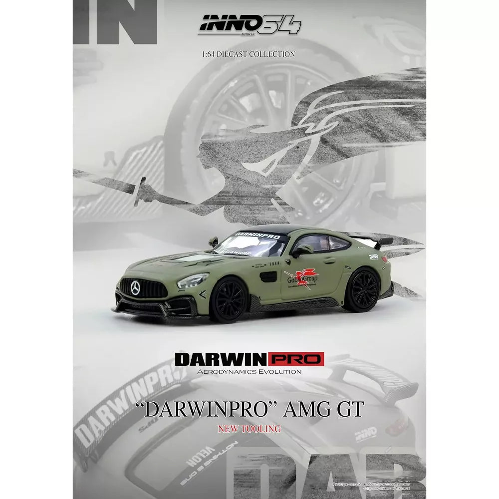 INNO64 DarwinPRO IMP Performance Mercedes-AMG GT 1:64 Scale Die-Cast Model Car | Premium Metal Widebody Collector Replica with Detailed Interior, Realistic Wheels, Acrylic Display Case & Collector Box | Military Green