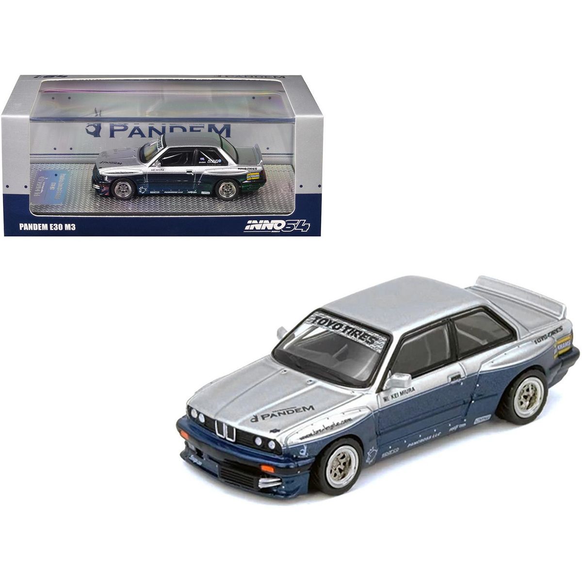 INNO64 BMW E30 M3 Pandem Rocket Bunny 1:64 Scale Die-Cast Model Car | Premium Resin-Quality Collectible Display Vehicle with Detailed Interior, Widebody Aero Kit, Realistic Wheels & Acrylic Display Case | Silver & Blue