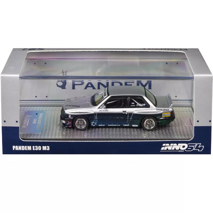 INNO64 BMW E30 M3 Pandem Rocket Bunny 1:64 Scale Die-Cast Model Car | Premium Resin-Quality Collectible Display Vehicle with Detailed Interior, Widebody Aero Kit, Realistic Wheels & Acrylic Display Case | Silver & Blue