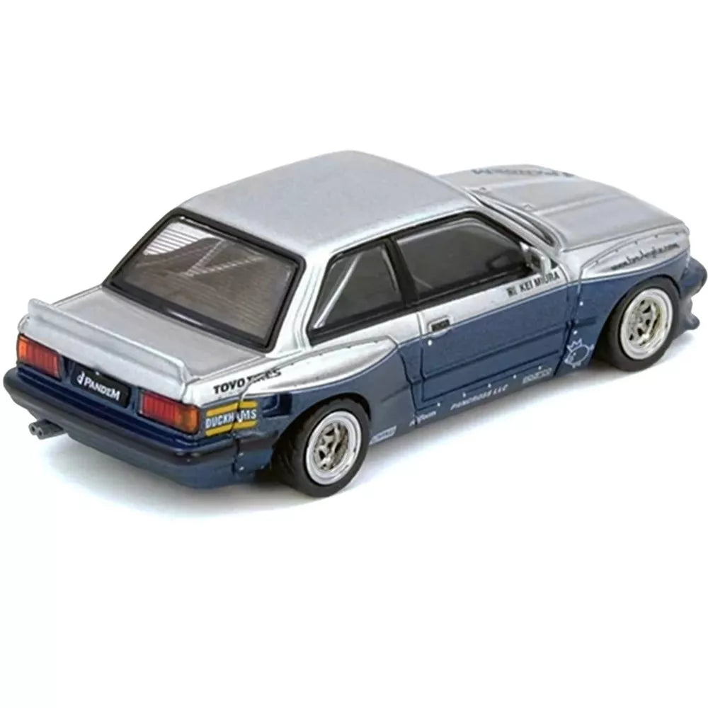 INNO64 BMW E30 M3 Pandem Rocket Bunny 1:64 Scale Die-Cast Model Car | Premium Resin-Quality Collectible Display Vehicle with Detailed Interior, Widebody Aero Kit, Realistic Wheels & Acrylic Display Case | Silver & Blue