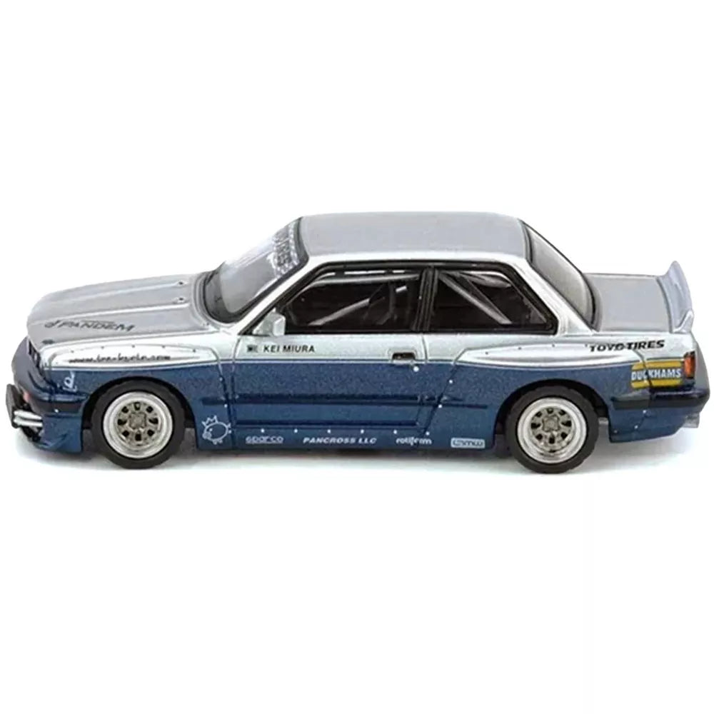 INNO64 BMW E30 M3 Pandem Rocket Bunny 1:64 Scale Die-Cast Model Car | Premium Resin-Quality Collectible Display Vehicle with Detailed Interior, Widebody Aero Kit, Realistic Wheels & Acrylic Display Case | Silver & Blue