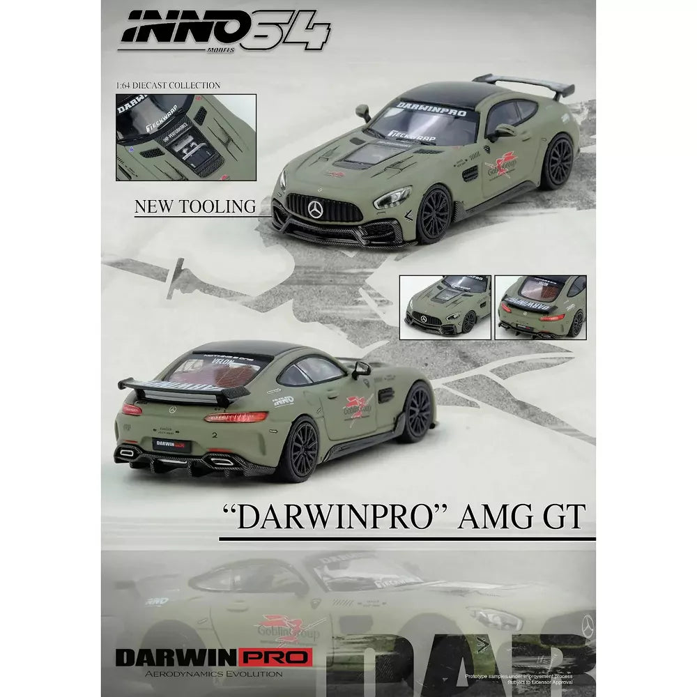 INNO64 DarwinPRO IMP Performance Mercedes-AMG GT 1:64 Scale Die-Cast Model Car | Premium Metal Widebody Collector Replica with Detailed Interior, Realistic Wheels, Acrylic Display Case & Collector Box | Military Green