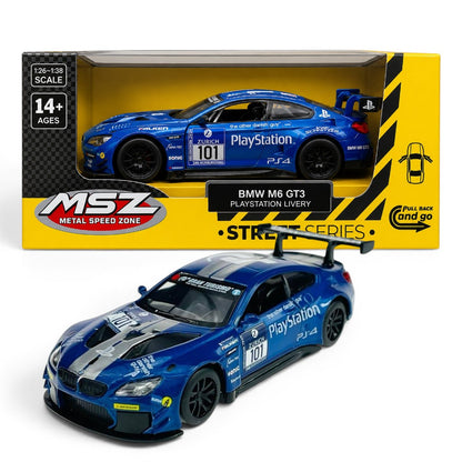 MSZ 1:38 BMW M6 GT3 #101 PlayStation Livery Blue Die-Cast Model Car with Openable Doors & Pull-Back Action