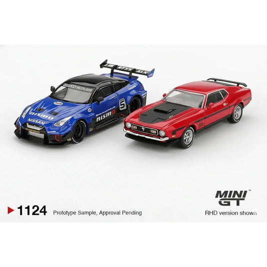 Mini GT 1:64 (Blister) LB-Silhouette WORKS Nissan GT-R R35 Ver.2 Blue + 1971 Ford Mustang Mach 1 Race Red | Die-Cast Duo Set