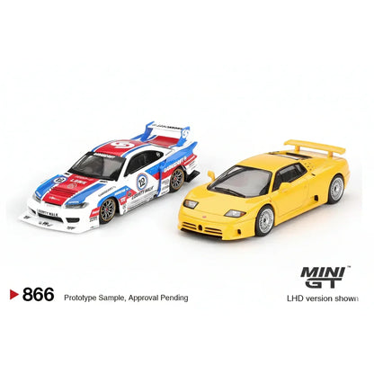 Mini GT 1:64 Scale Nissan LBWK S15 Silvia GARASIDRIFT 2025 + Bugatti EB110 Super Sport Die-Cast Cars | Collector Duo Set